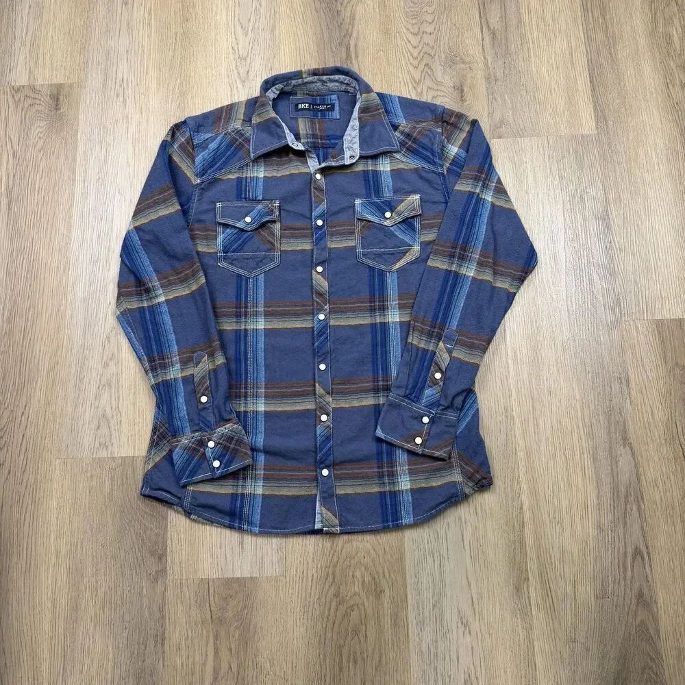 BKE Flannel Shirt Mens Large Blue Plaid Western Pearl Snap Long Sleeve